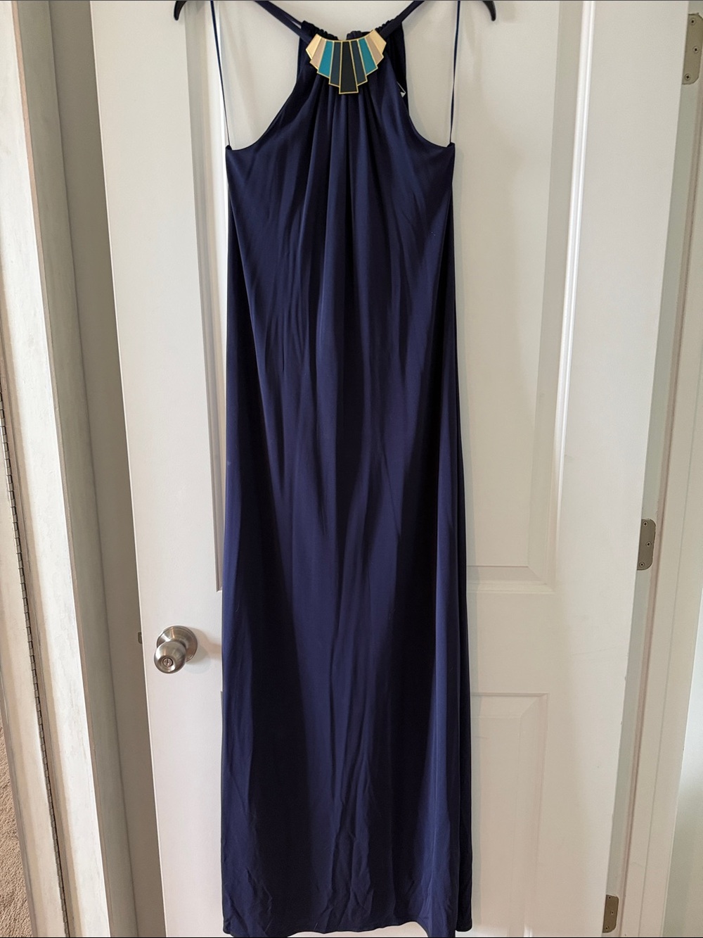 Trina Turk Navy Blue Halter Maxi with Geometric Neck Detail